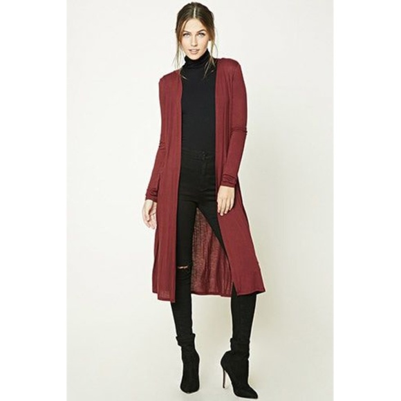 Forever 21 Sweaters - Forever 21 Open-Front Longline Cardigan - Burgundy